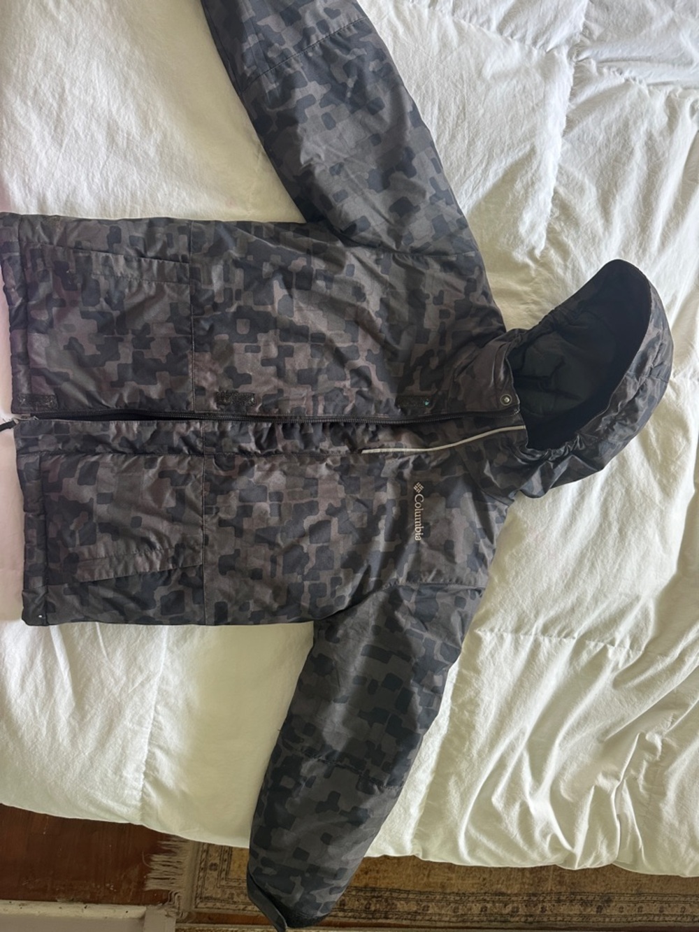 Columbia Black Hooded Puffer Jacket with Subtle Camo Trim